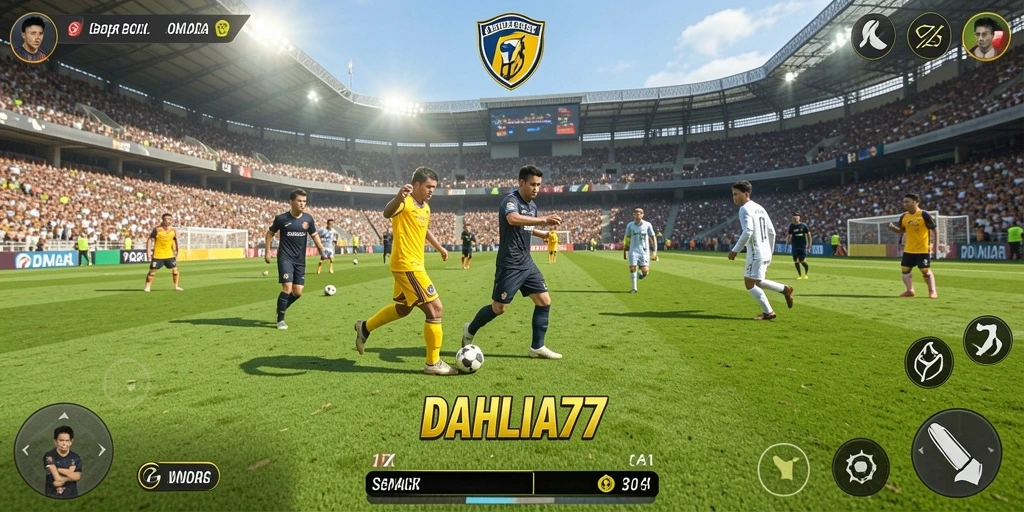 Screenshot gameplay DAHLIA77 yang penuh aksi di lapangan sepak bola.
