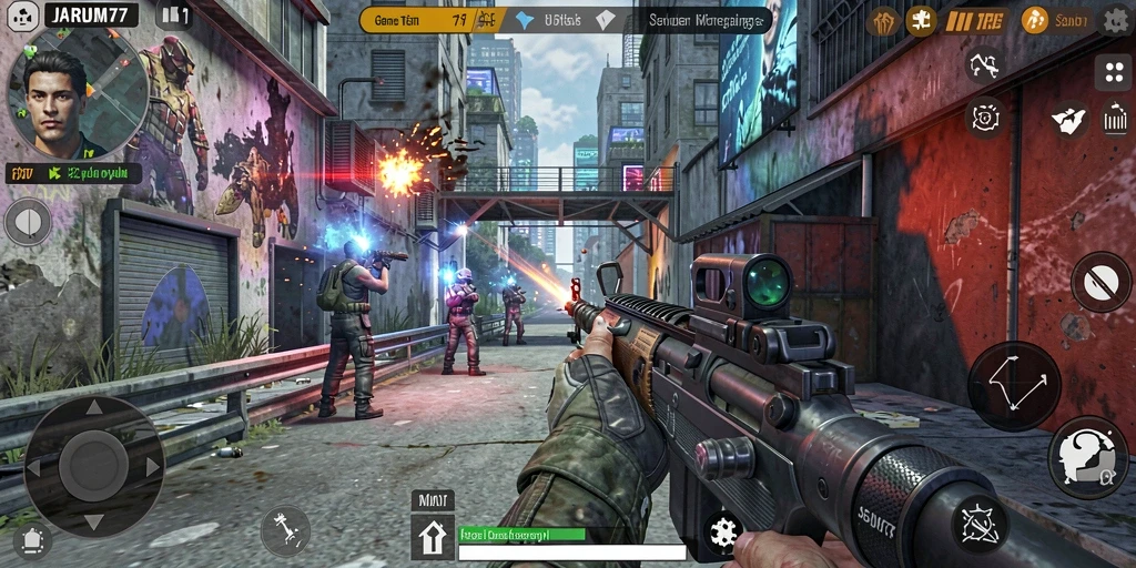 Tangkapan layar <strong>JARUM77</strong> yang menunjukkan aksi gameplay TPS yang mendebarkan.