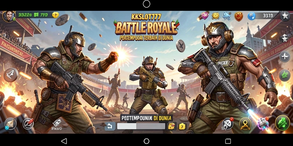 Screenshot KKSLOT777 yang menampilkan aksi pertempuran dalam arena Battle Royale.