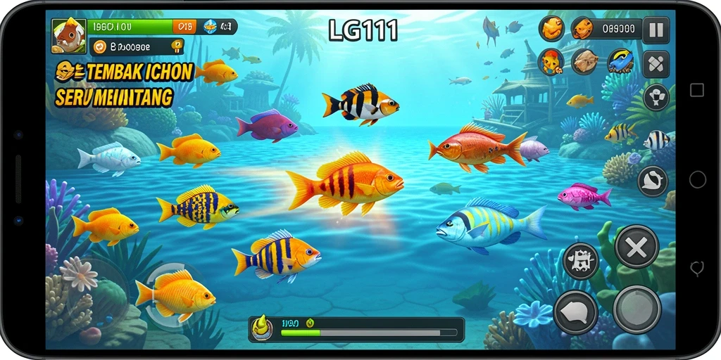 Screenshot gameplay LG111 menampilkan aksi tembak ikan yang seru.