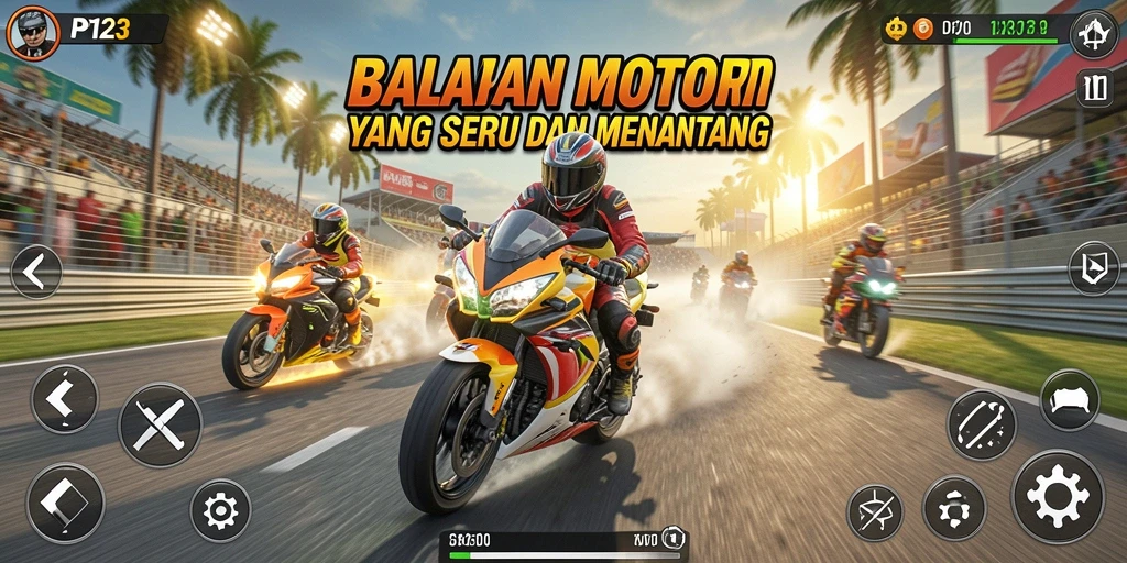 Tampilan gameplay PP123 dengan aksi balapan motor yang mendebarkan.