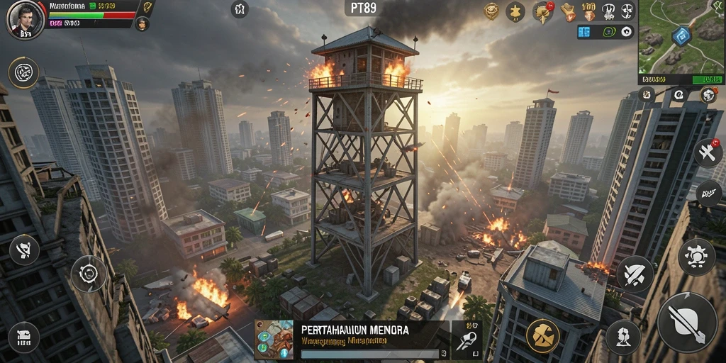 Gameplay PT89 yang menegangkan dengan menara pertahanan yang strategis.