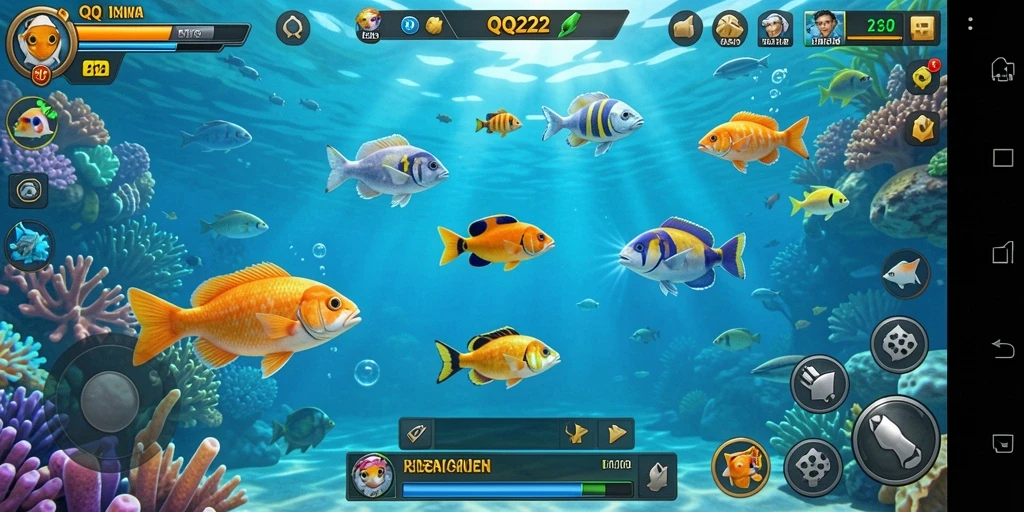 Tampilan gameplay QQ222 yang menampilkan aksi menembak ikan.