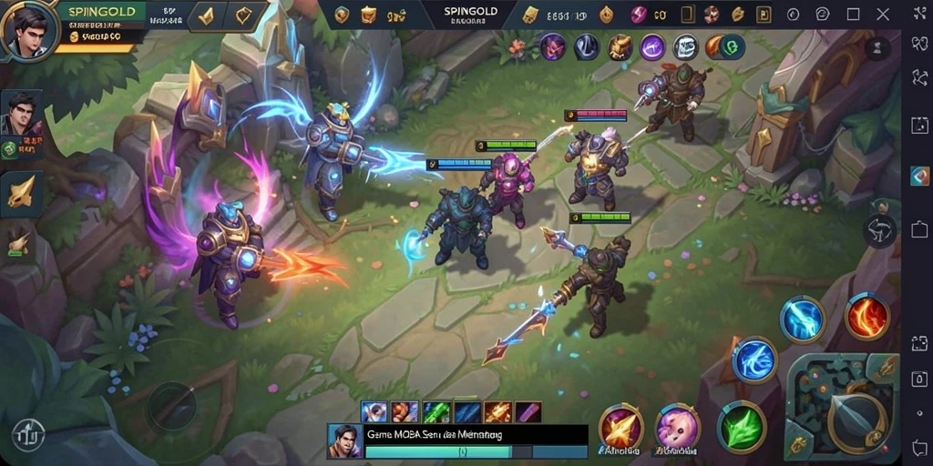 Gameplay seru SPINGOLD dengan karakter unik dalam pertempuran strategis.