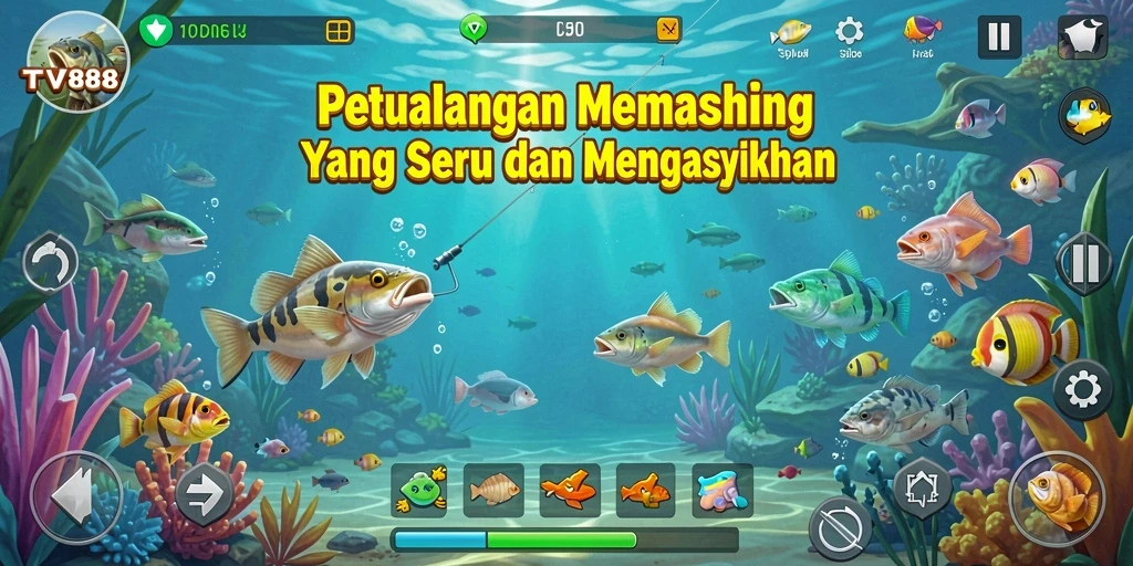 Tampilan gameplay <strong>TV888</strong>, menunjukkan momen menangkap ikan besar.